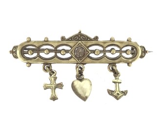 Victorian Style Paste Gilt Brooch dangling Cross Heart Anchor