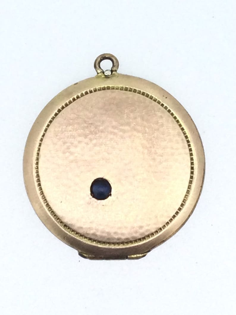 Patterned Rose Rolled Gold Locket Pendant Blue Cabochon Stone Elegant