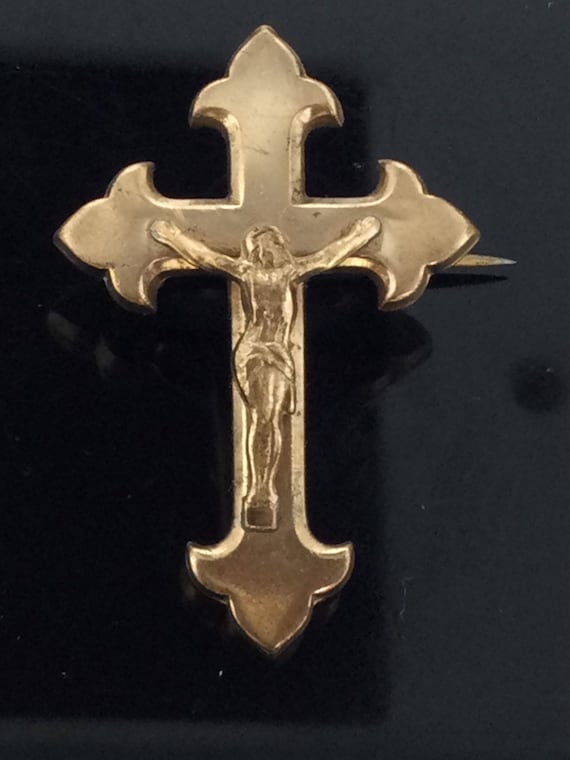 Antique French Cross Brooch Pin Textured Jesus Ch… - image 2