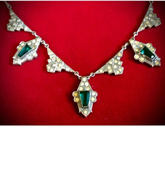 Antique Art Deco Silver Green Paste Necklace Maje… - image 2