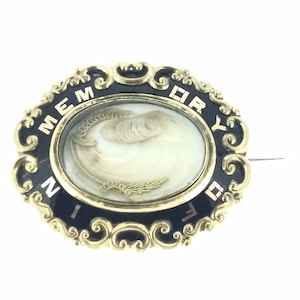 Antique Victorian Mourning Enamel Brooch Hair Ensemble