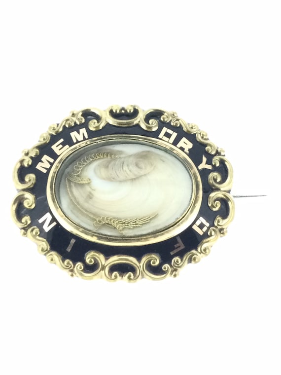 Victorian Mourning Brooch Black Gold Enamel Hair Ensemble Pin 1850