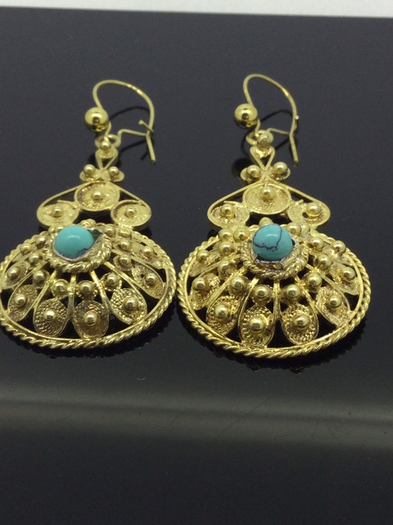 Antique Filigree Turquoise Silver 800 Gilt Earrin… - image 5