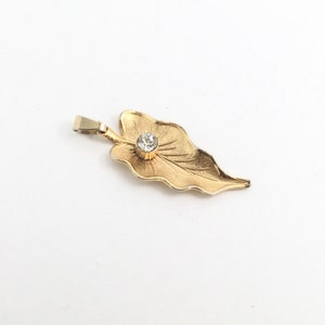 Vintage Costume Pendant Textured Leaf Gold Plate Rhinestone