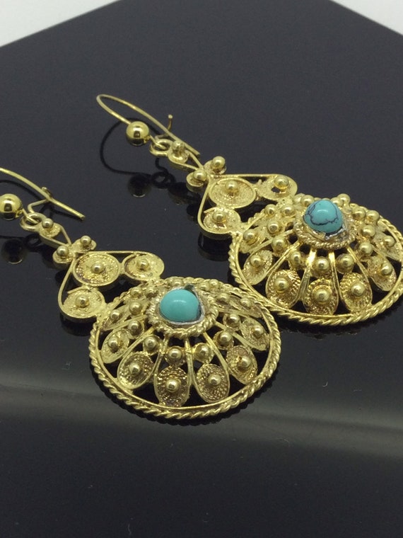 Antique Filigree Turquoise Silver 800 Gilt Earrin… - image 4