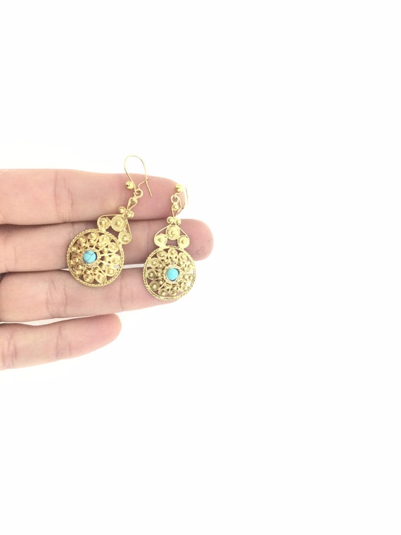 Antique Filigree Turquoise Silver 800 Gilt Earrin… - image 2