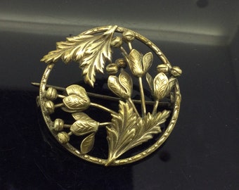 Art Nouveau Gilt French Brooch Flowers Dimensional C.1895