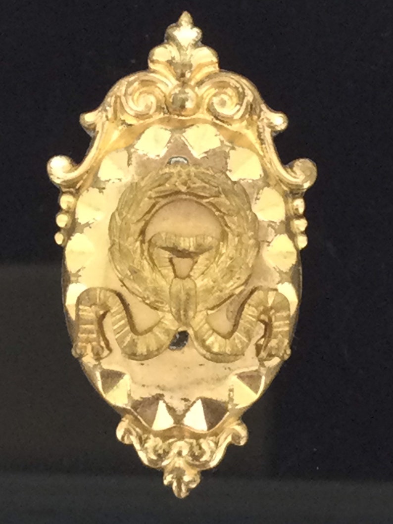 May include: A gold-toned oval-shaped brooch with a decorative design. The center of the brooch features a wreath with a stylized image of a bird inside.