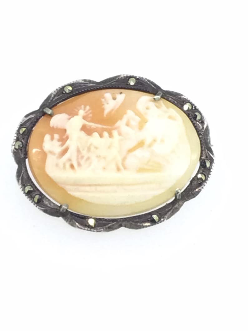 Antique Mythological Carved Cameo Silver 800 Marcasite Brooch Pin