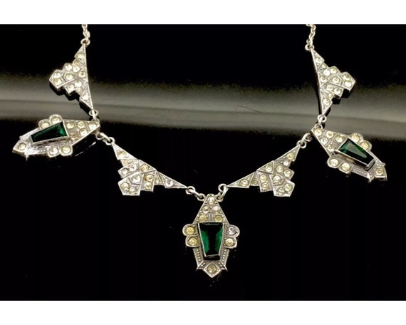 Antique Art Deco Silver Green Paste Necklace Maje… - image 5