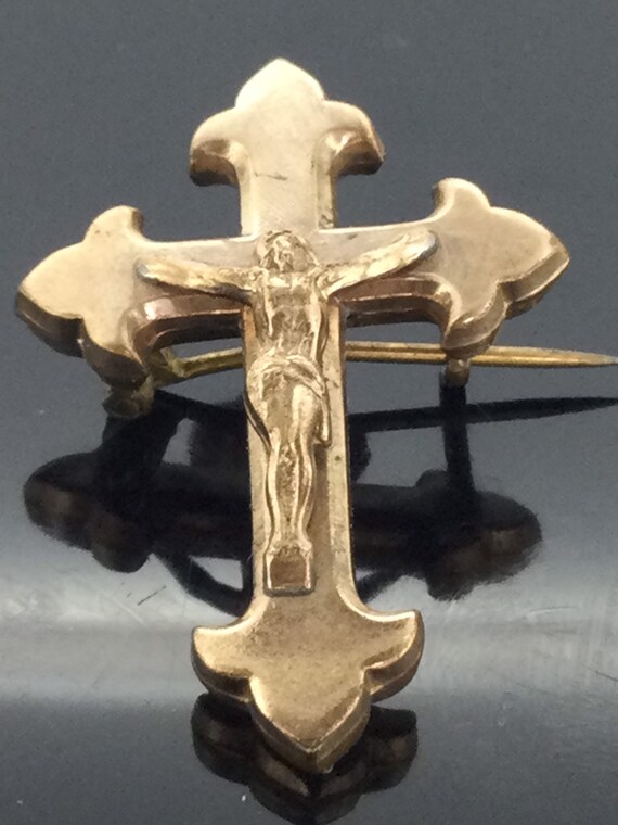 Antique French Cross Brooch Pin Textured Jesus Ch… - image 4
