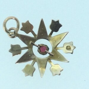 May include: A gold pendant with a starburst design and a red gemstone in the center. The pendant has a loop at the top for attaching to a chain.