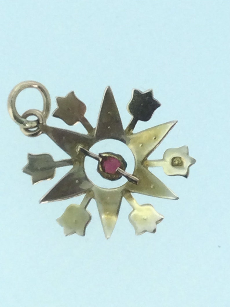May include: A gold pendant with a starburst design and a red gemstone in the center. The pendant has a loop at the top for attaching to a chain.