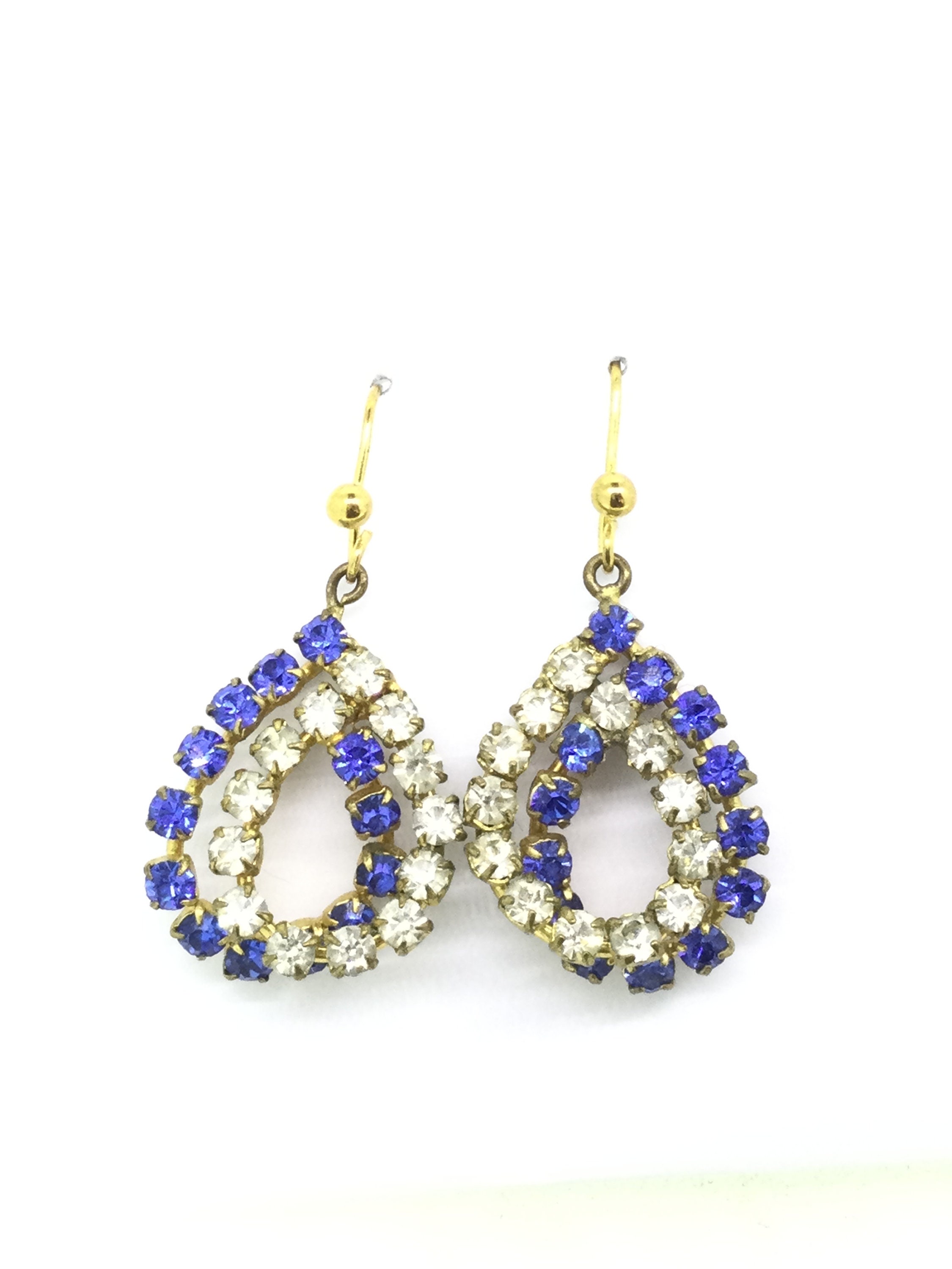 Belles boucles d'oreilles clip vintage en strass bleu et blanc