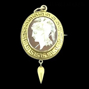 May include: A gold cameo pendant with a white cameo of a warrior's head in profile, set in a gold frame with a Greek key design. The pendant hangs from a gold chain with a pointed drop.