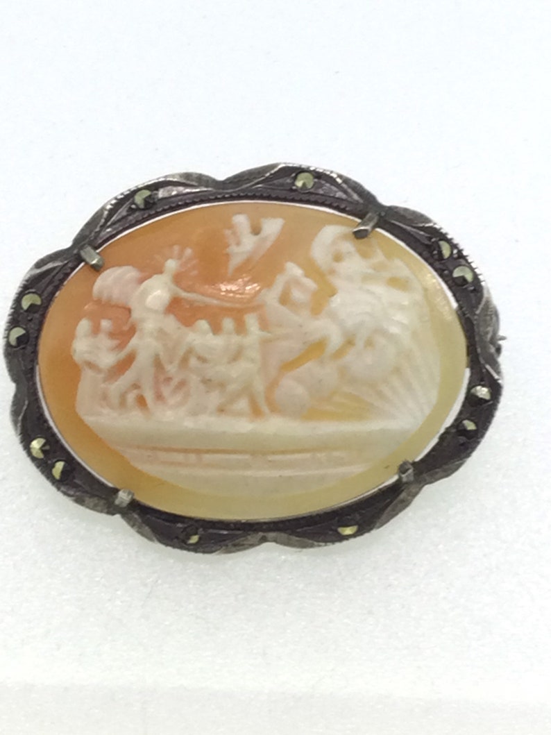 Antique Mythological Carved Cameo Silver 800 Marcasite Brooch Pin