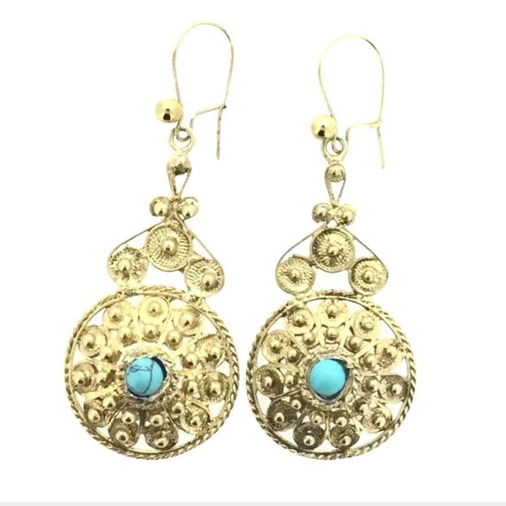 Antique Filigree Turquoise Silver 800 Gilt Earrin… - image 1