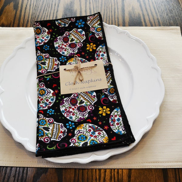 Sugar Skull Cloth napkins, Reusable Cloth Napkins, Set of 6 12x12 inch Cloth Napkins, Cotton Cloth Napkins