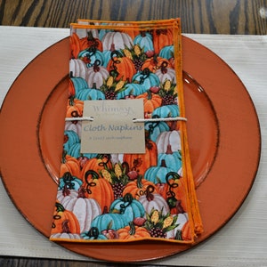 Orange and Teal Pumpkin Cloth napkins, Fall Cloth Napkins, Reusable Cloth Napkins, Set of 6 12x12 inch Cloth Napkins, Cotton Cloth Napkins