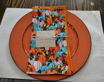 Orange and Teal Pumpkin Cloth napkins, Fall Cloth Napkins, Reusable Cloth Napkins, Set of 6 12x12 inch Cloth Napkins, Cotton Cloth Napkins