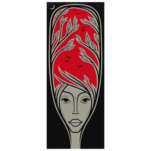 May include: A stylised illustration of a woman with a red and grey hairstyle. The hairstyle is reminiscent of a tree with leaves and birds. The background is black with a crescent moon and stars.