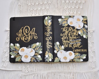 Hand Painted Bible, White Roses,  Monogram, Wedding Bible, Custom Personalized Keepsake