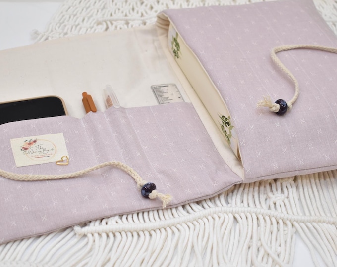 Featured listing image: Bible Case/Bag, Lavender Linen, Hand Quilted/Sewn, Book sleeve, Fire Max 11/Kindle Scribe/iPad Sleeve
