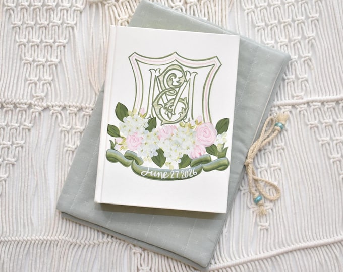 Featured listing image: Hand Painted Wedding Crest Bible , ESV journaling format, Book Sleeve/bag add on option, Personalized gift