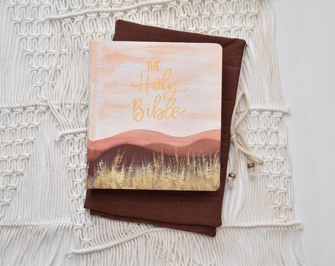 Featured listing image: Hand Painted Boho Landscape Bible, ESV journaling Book Sleeve/bag, Personalized gift