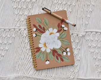 Hand Painted Gold Spiral Writing Journal and pen, Bridesmaids gift, white florals
