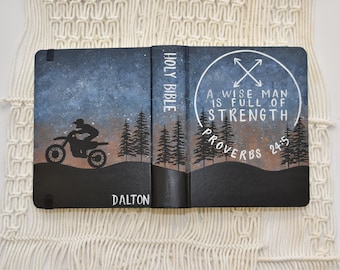 Hand Painted Bible, Mens Bible, Silhouette Motocross rider , Sunset Landscape, Custom Keepsake Bible