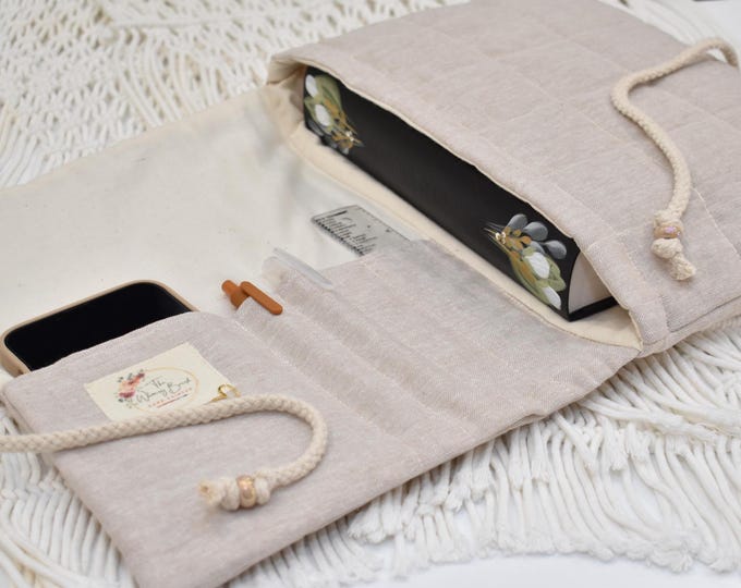 Featured listing image: Hand Sewn Linen Bible Case, Quilted Book Sleeve, Kindle Scribe/iPad Bag