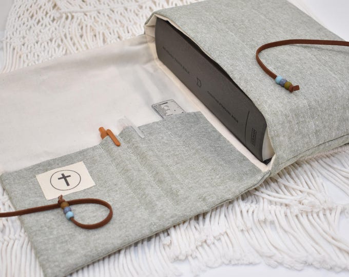 Featured listing image: Bible Case/Bag, Heather Green with leather cord, Hand Quilted/Sewn, Book sleeve