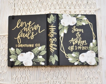 Hand Painted Bible, White Roses,  Wedding Bible, Custom Personalized Keepsake