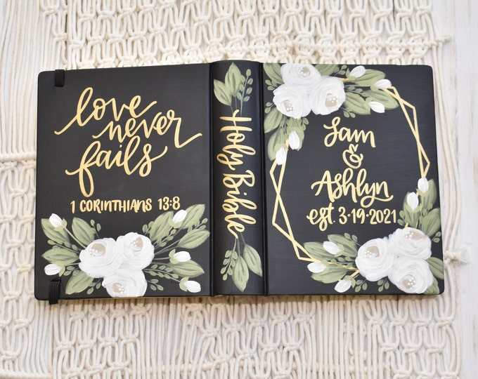Featured listing image: Hand Painted Bible, White Roses,  Wedding Bible, Custom Personalized Keepsake
