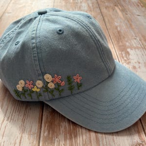 Cute floral baseball cap, floral embroidery denim blue hat, 100% cotton hat, botanical garden design, hat with flowers for women