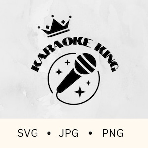 Puede incluir: Diseño gráfico en blanco y negro de un micrófono con una corona encima y el texto "Karaoke King".