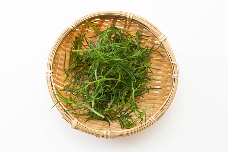 a basket filled with green grass on top of a white table