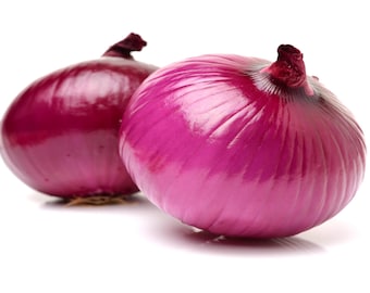 May include: Two whole red onions with a shiny, smooth surface. The onions are isolated on a white background.