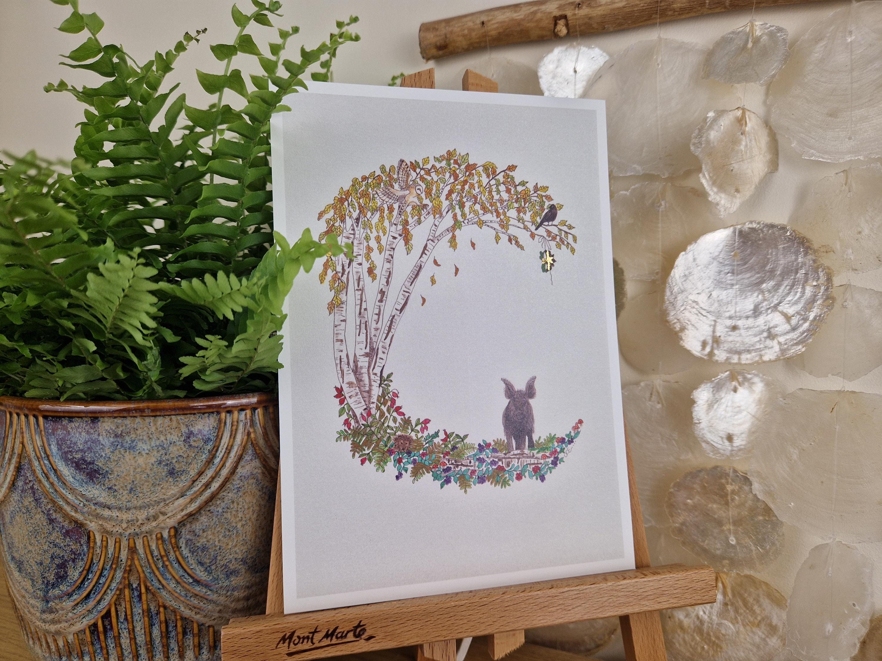 Samhain Crescent Moon A5 Art Print: Owl Wild Boar Watercolour Folklore Art