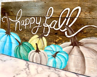 Happy Fall Autumn Pumpkin Fall Leaves Hand Painted Wooden Sign Autumn Decoration Fall Thanksgiving Halloween Maple Leaf