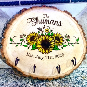 Personalized Sunflower Wedding Last Name Custom Personalized Key Hook Wall Hanging Home Decor Wood Burned Live Edge Wall Hanging Sign