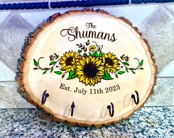 Personalized Sunflower Wedding Last Name Custom Personalized Key Hook Wall Hanging Home Decor Wood Burned Live Edge Wall Hanging Sign