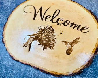 Hummingbird Sunflower Wood Burning Welcome Sign - Rustic Home Decor