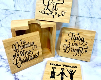 Personalized Alcohol Wine Christmas Bamboo Coasters/I’m Dreaming Of A Wine Christmas/Gifts For Her/Custom Gift/Funny Gift/Christmas Gift