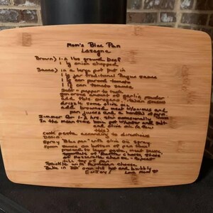 Handgeschreven familierecept aandenken hout verbrand en gegraveerd bamboe snijplank/charcuterie Board/Moeders dag cadeau/cadeaus voor haar