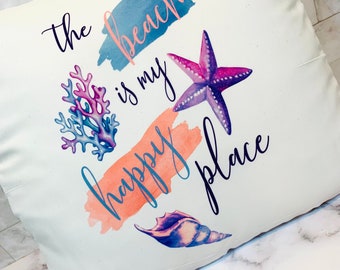 The Beach Is My Happy Place Beach House Pillow Cover|Decorative Starfish Coral Seashell Pillow Top|Summer Trend Throw Pillow