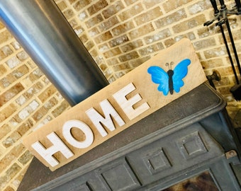 Home with Butterfly Hand Painted Sign/Rustic Farmhouse Decor/Gifts For Her/Welcome Home Sign/Mantel Sign/Handmade/Grandma Gifts/Memories