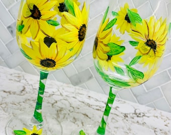 Sunflower 20oz Wine Glass Hand Painted Set Of 2 Gifts For Her Christmas Gift