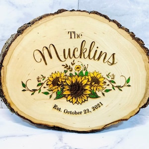 Personalized Sunflower Wedding Last Name Custom Personalized Wall Hanging Home Decor Wood Burned Live Edge Wall Hanging Sign